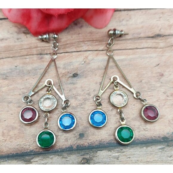 Silver Tone Statement Earrings Dangle Drop Bezel Set Colorful Crystals Geometric - Picture 2 of 4